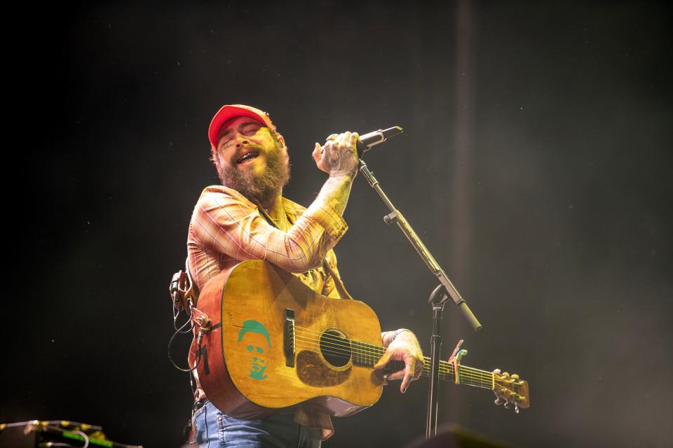 Post Malone performs a special set of country covers on the Mane Stage during Stagecoach in Indio, Calif., on Saturday, April 27, 2024.