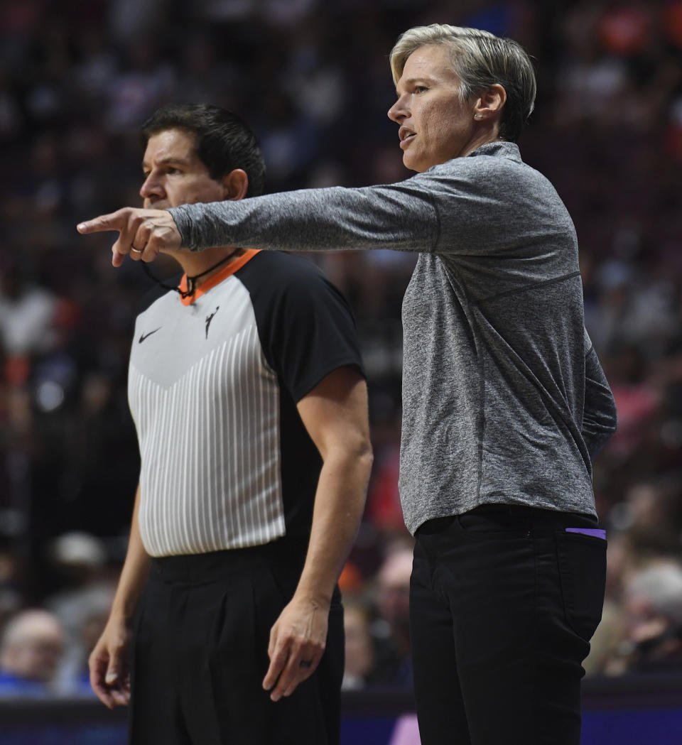 Phoenix Mercury coach Vanessa Nygaard makes a point to official Roy Gulbeyan during the team's WNBA basketball game against the Connecticut Sun on Tuesday, Aug. 2, 2022, in Uncasville, Conn. (Sean D. Elliot/The Day via AP)