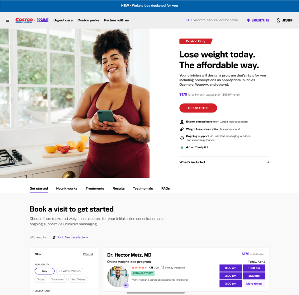 Costco will begin offering a discounted weight-loss program through its healthcare partner, Sesame, on April 2.
