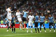 <p>Pepe heads home from a second-half corner to level for Portugal. It is the first goal Uruguay conceded at this World Cup </p>