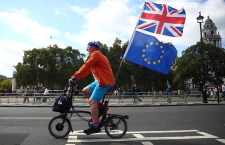 An anti-Brexit protestor rides a bicycle with Union Jack flag and European Union flag attached to it, outside the Houses of the Parliament in London