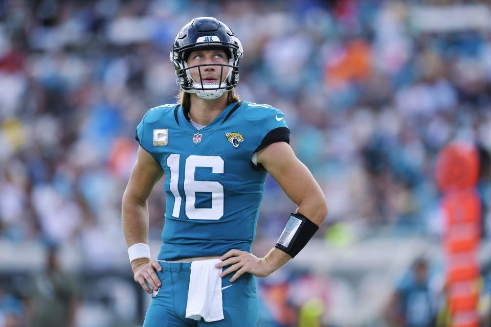 The Jaguars need quarterback Trevor Lawrence, seen here looking at the scoreboard during the fourth quarter of a 27-20 win over the Las Vegas Raiders, to keep ascending because the AFC is loaded with young, proven gunslingers that figure to make winning tougher in that conference the rest of the decade.