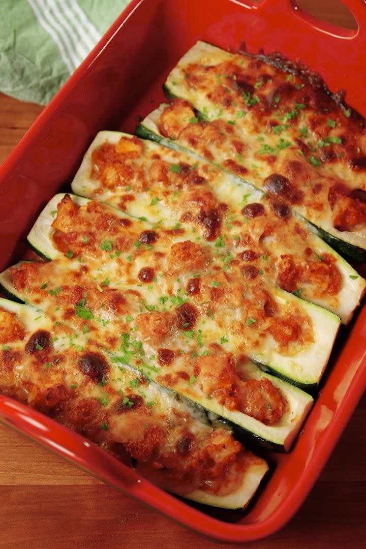 <p>Cheesy, chicken courgette at its finest. </p><p>Get the Chicken Parm Courgette Boats recipe.</p>