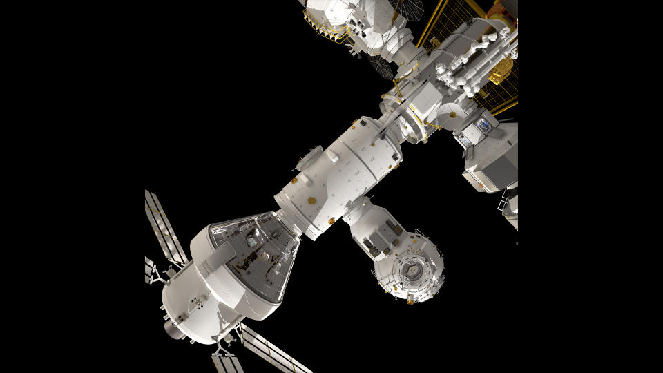 a space station illustration with various modules docked