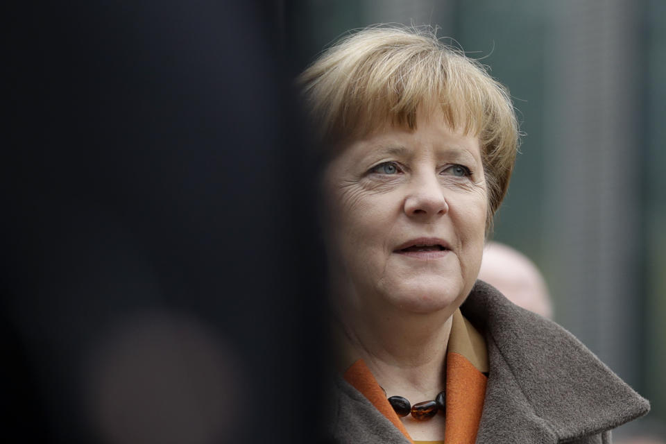 German chancellor and head of the German Christian Democrats, Angela Merkel, arrives for a party meeting in Munich, Germany, Monday, Feb. 6, 2017. Merkel is meeting her Bavarian conservative allies in a show of unity following a long-running argument over migrant policy, setting the scene for a joint campaign for German elections in September. (AP Photo/Matthias Schrader)