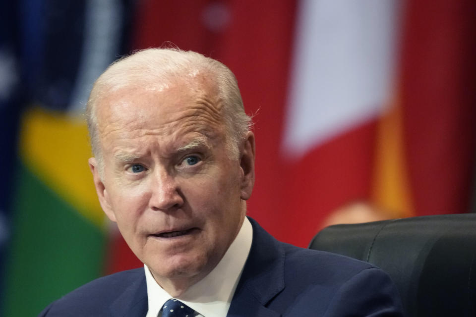 FILE - President Joe Biden speaks during the Partnership for Global Infrastructure and Investment meeting at the G20 summit, Nov. 15, 2022, in Nusa Dua, Bali, Indonesia. Biden is strengthening U.S. policy aimed at stemming sexual violence in war conflict zones. On Monday, Nov. 28, he will sign a presidential memorandum that will elevate the problem to the level of a possible serious human rights abuse that triggers sanctions and other restrictions against foreign perpetrators. (AP Photo/Alex Brandon, File)