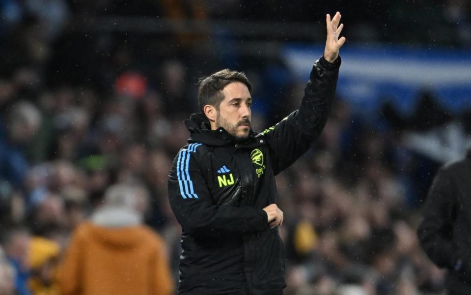 Arsenal first-team coach Nico Jover during the Premier League match between Brighton & Hove Albion and Arsenal FC at American Express Community Stadium on April 06, 2024 in Brighton, England