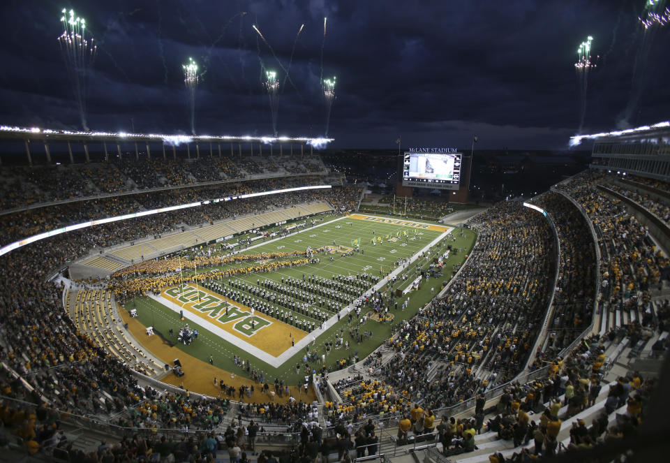 Baylor takes the field in McLane Stadium against West Virginia in an NCAA college football game, Saturday, Oct. 21, 2017, in Waco, Texas. (AP Photo/Jerry Larson)