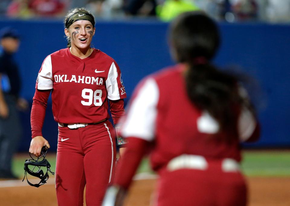 Oklahoma's Jordy Bahl (98) celebrates the last out of the first game of the Women's College World Championship Series between the Oklahoma Sooners and Florida State at USA Softball Hall of Fame Stadium in  in Oklahoma City, Wednesday, June, 7, 2023.