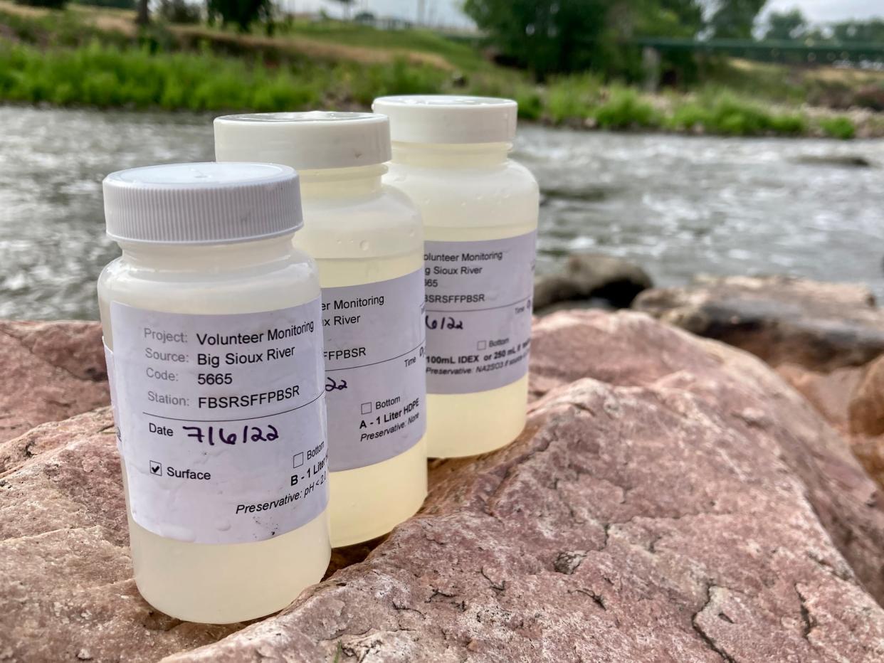 Water testing samples help Friends of the Big Sioux River measure levels of toxic materials in different segments of the river. These samples were drawn from the area near Falls Park in Sioux Falls.