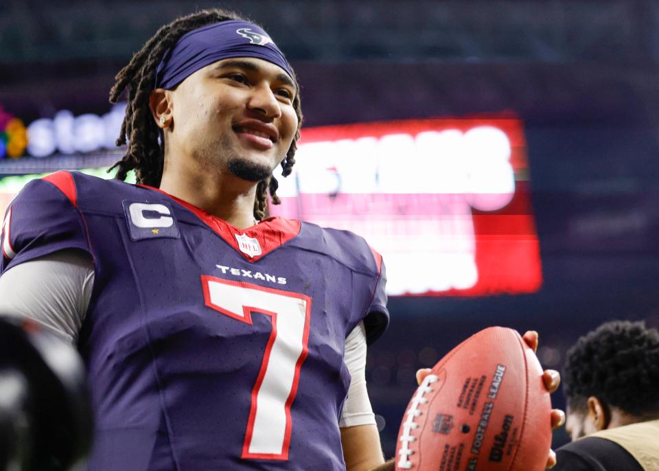 C.J. Stroud #7 of the Houston Texans celebrates after defeating the Cleveland Browns in the AFC Wild Card Playoffs at NRG Stadium on January 13, 2024 in Houston, Texas.