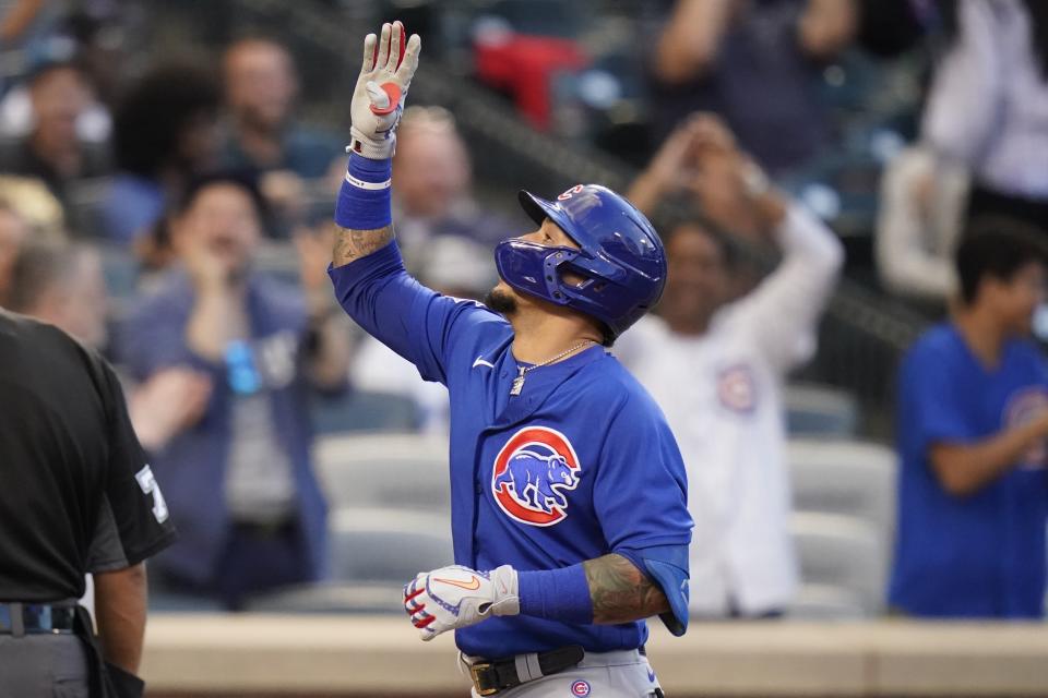 Chicago Cubs' Javier Baez gestures after hitting a two-run home run during the third inning of the team's baseball game against the New York Mets on Tuesday, June 15, 2021, in New York. (AP Photo/Frank Franklin II)