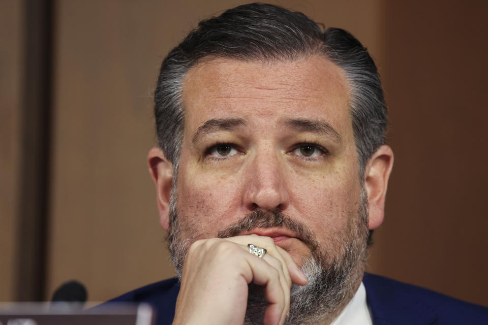 FILE - In this April 20, 2021, file photo, Sen. Ted Cruz, R-Texas, listens during a Senate Judiciary Committee hearing on voting rights, on Capitol Hill in Washington. Republicans trying to drive a wedge between Democrats and chip away at President Joe Biden’s support are zeroing in on the violence in the Middle East. Cruz and Sen. Tom Cotton of Arkansas, both potential White House hopefuls in 2024, have focused in particular on Democratic Rep. Alexandria Ocasio-Cortez of New York and other progressives for criticizing Israel amid an escalating volley of missiles and airstrikes in Hamas-controlled Gaza that has killed hundreds of civilians over the last week. (Evelyn Hockstein/Pool via AP, File)