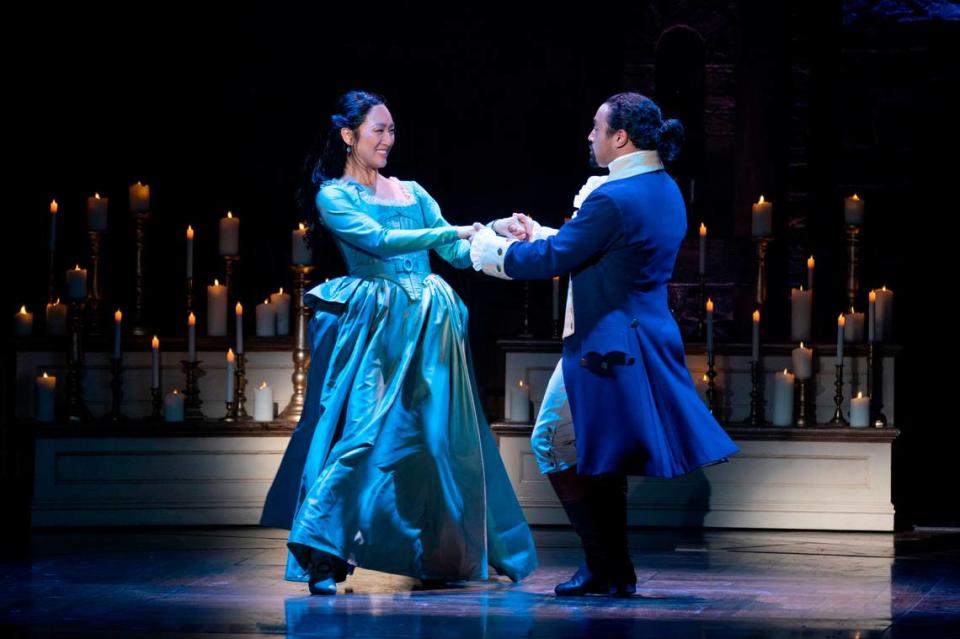 Stephanie Jae Park and Pierre Jean Gonzalez dance in ‘Hamilton,’ coming to the Arsht and the Kravis centers. Joan Marcus