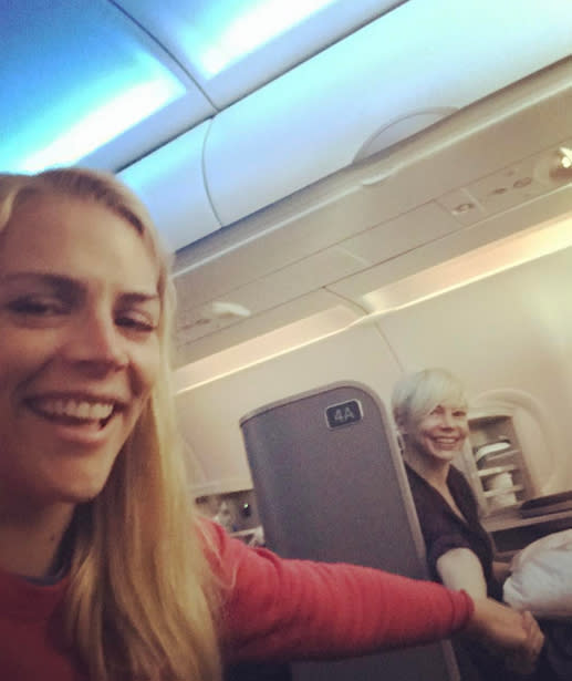 <p>“<span>Holding hands across the aisle on takeoff. Flying with your bff is the best!” exclaimed Busy Philipps, as she held on tightly to friend-til-the-end Michelle Williams. Having a flying buddy is always a good idea. (Photo: <a rel="nofollow noopener" href="https://www.instagram.com/p/BP5qOqeAjnD/" target="_blank" data-ylk="slk:Instagram via Busy Philipps;elm:context_link;itc:0;sec:content-canvas" class="link ">Instagram via Busy Philipps</a>)</span> </p>