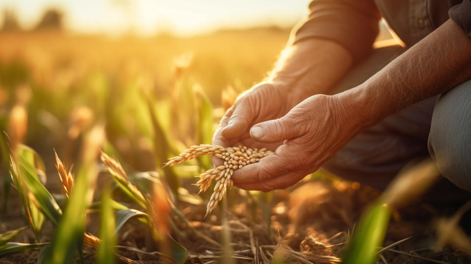 A close-up of a farmer's hands sowing a field of organic grains with crop inputs.