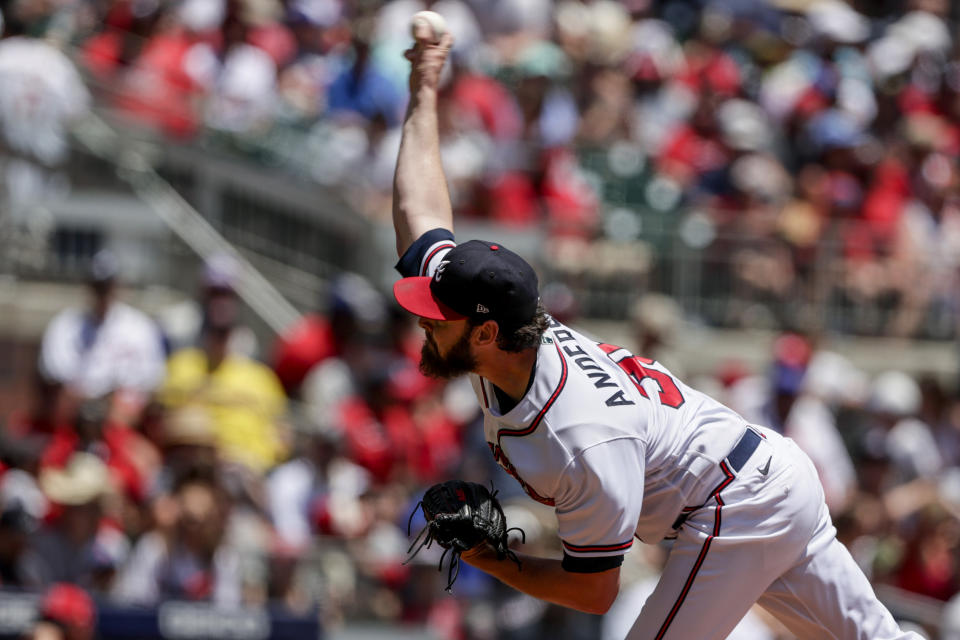 Atlanta Braves' Ian Anderson pitches against the Los Angeles Angels during the first inning of a baseball game Sunday, July 24, 2022, in Atlanta. (AP Photo/Butch Dill)