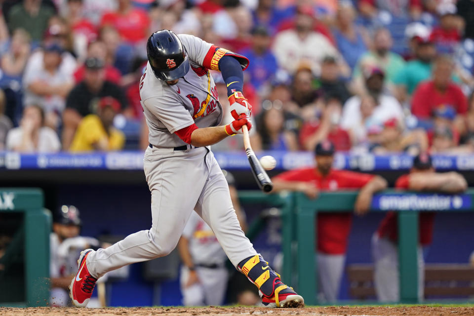 St. Louis Cardinals' Nolan Arenado hits a double against Philadelphia Phillies pitcher Nick Nelson during the sixth inning of a baseball game, Friday, July 1, 2022, in Philadelphia. (AP Photo/Matt Slocum)