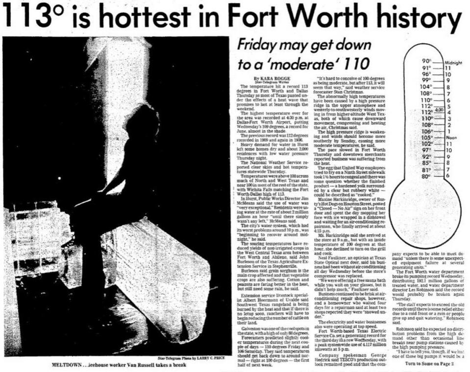 The 113-degree reading at DFW Airport June 26-27, 1980, is the local record. It was 119 degrees in Weatherford.