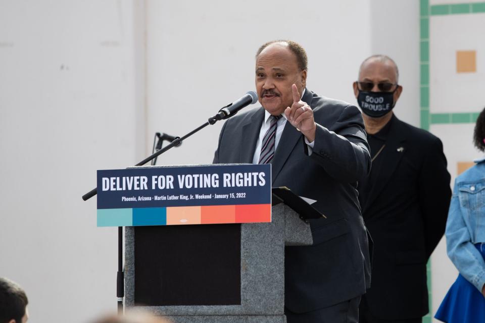 Martin Luther King III urges everyone to keep fighting for their right to vote during the Deliver For Voting Rights rally in Phoenix on Jan. 15, 2022.