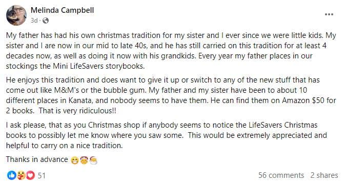 Melinda Campbell posted this message on Facebook this week for her father whose attempts to maintain a 40 year old tradition have so far been thwarted.