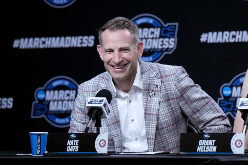 Mar 28, 2024; Los Angeles, CA, USA; Alabama Crimson Tide head coach Nate Oats talks in a press conference after the game against the North Carolina Tar Heels. and in the semifinals of the West Regional of the 2024 NCAA Tournament at Crypto.com Arena. Mandatory Credit: Kirby Lee-USA TODAY Sports ORG XMIT: IMAGN-742886 ORIG FILE ID: 20240328_lbm_al2_287.JPG