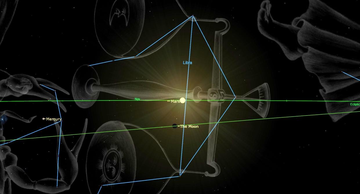  Green lines indicate the paths of the moon and mars across the night sky, through the constellation libra. 