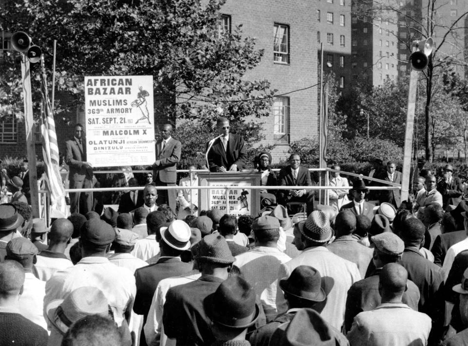 Black Muslim leader Malcolm X addresses a crowd of about 1,000 persons at an outdoor rally in upper Manhattan, NY, August 10, 1963.