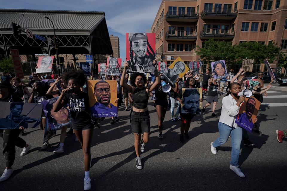 A small group of protesters march after former Minneapolis police officer Derek Chauvin was sentenced to 22.5 years in prison for the murder of George Floyd, Friday, June 25, 2021, in downtown Minneapolis.