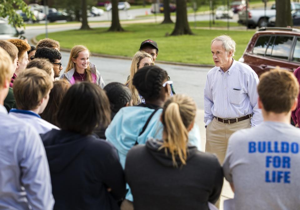 U.S. Senator Tom Carper speaks to students outside Brandywine High School before they leave to canvass the area in support of a referendum on the Brandywine School District in 2016.