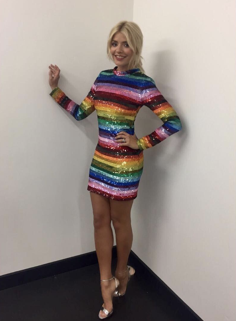 <p>Britain’s favourite TV personality literally sparkled in a sequinned rainbow dress by London Fashion Week designer Ashish.<br><i>[Photo: Instagram/hollywillougby]</i> </p>