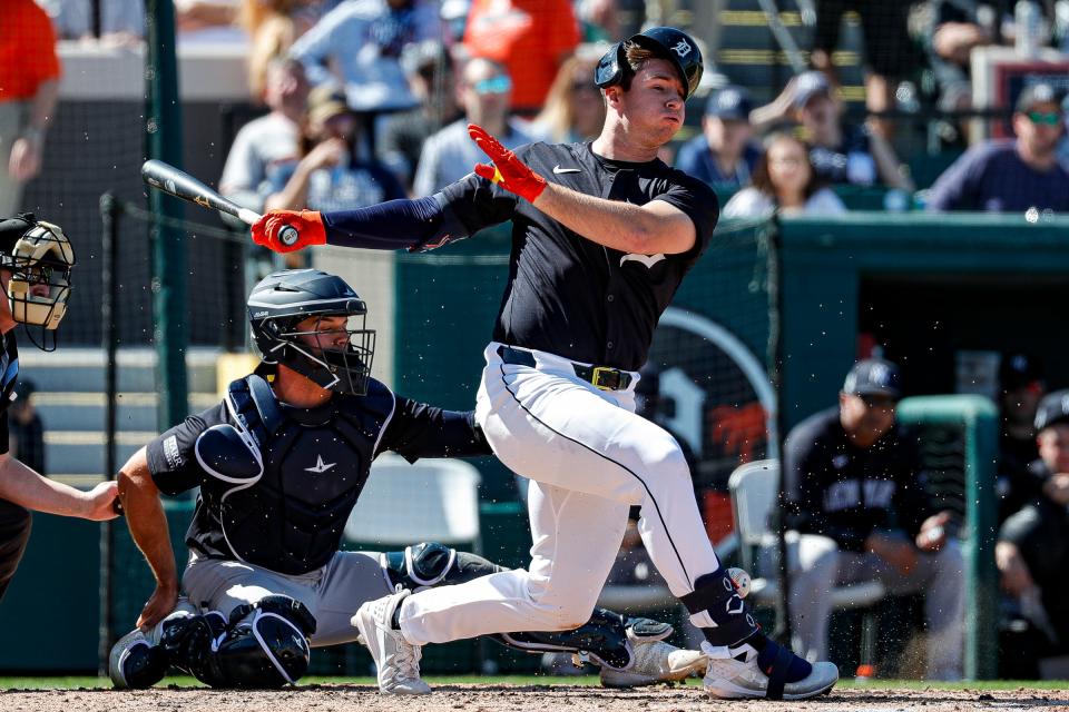 Tigers second baseman Colt Keith bats against New York Yankees during the third inning of Grapefruit League season opener at Joker Marchant Stadium in Lakeland, Florida, on Saturday, Feb. 24, 2024.