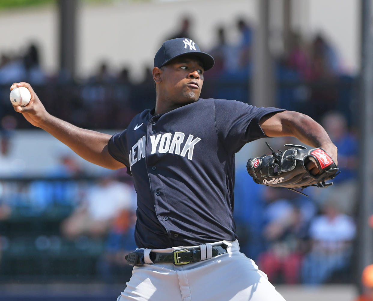 Yankees pitcher Luis Severino is dealing with a right lat strain. (Photo by Mark Cunningham/MLB Photos via Getty Images)