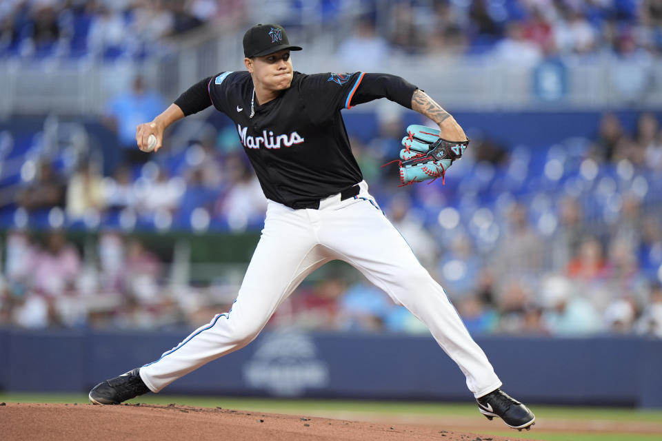 Miami Marlins' Anthony Maldonado delivers a pitch during the first inning of a baseball game against the Washington Nationals, Friday, April 26, 2024, in Miami. (AP Photo/Wilfredo Lee)