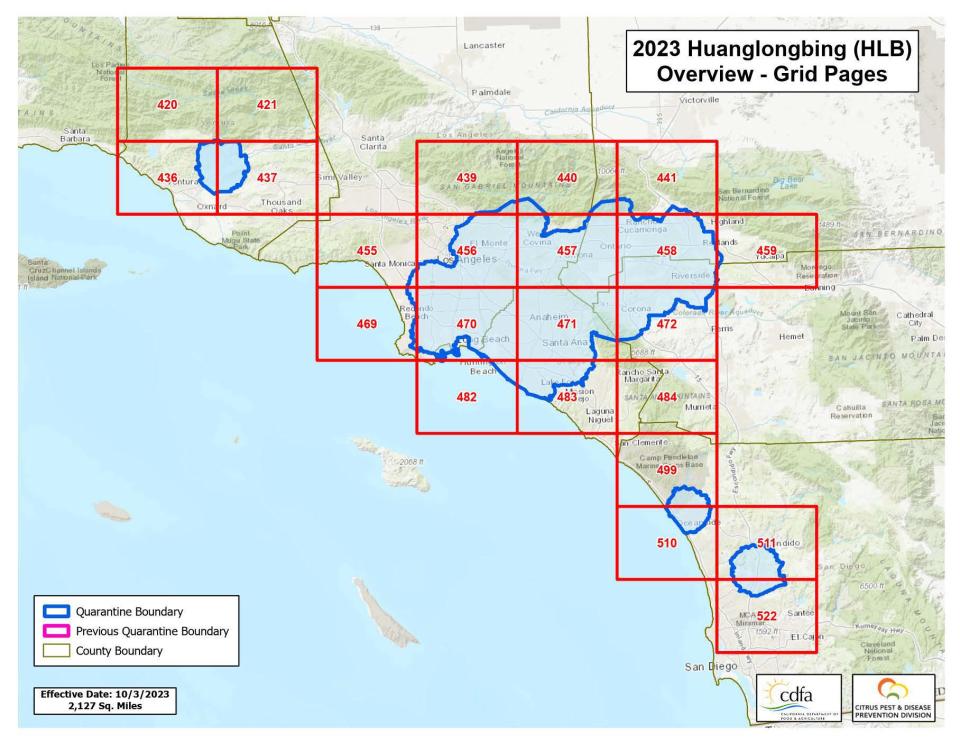 Citrus quarantines imposed by the California Department of Food and Agriculture as of the morning of Oct. 5.