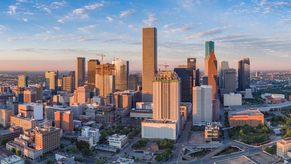 Houston Texas skyline at sunset