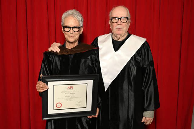 <p>Michael Kovac/Getty</p> Jamie Lee Curtis and John Carpenter at the AFI Commencement on Aug. 10, 2024