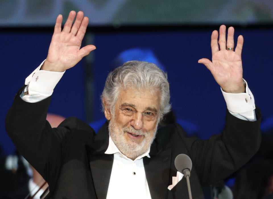 FILE - In this Aug. 28, 2019, file photo, Opera star Placido Domingo performs during a concert in Szeged, Hungary. The 78-year-old singer who rose to stardom as a tenor has been confirmed to sing the baritone title role in “Nabucco” at the Zurich Opera House this Sunday. It will be his first time performing since stepping down Oct. 2 as general director of the Los Angeles Opera and withdrawing from future performances at the company.(AP Photo/Laszlo Balogh, File)