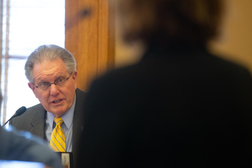 Sen. Mike Thompson, R-Shawnee, questions KDHE acting secretary Janet Stanek during a confirmation hearing Wednesday morning.