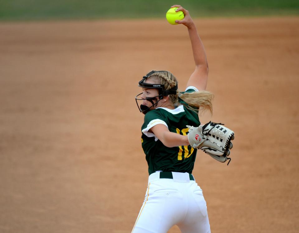 Moorpark's Taylor Cook gets ready to fire a pitch against Temple City in the CIF-SS Division 4 championship game at Manning Stadium in Irvine on Friday, May 20, 2022.  Cook pitched 4.1 innings of relief in Moorpark's 4-2 defeat.