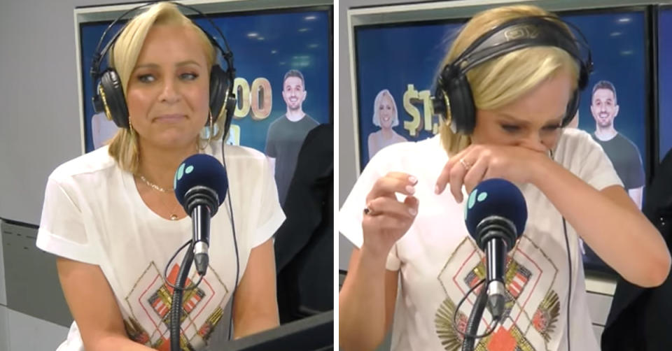 Carrie Bickmore tears up after a listener won The Hit Network’s $1,000,000 Alphabucks with Carrie and Tommy. Photo: Facebook/Hit Network.