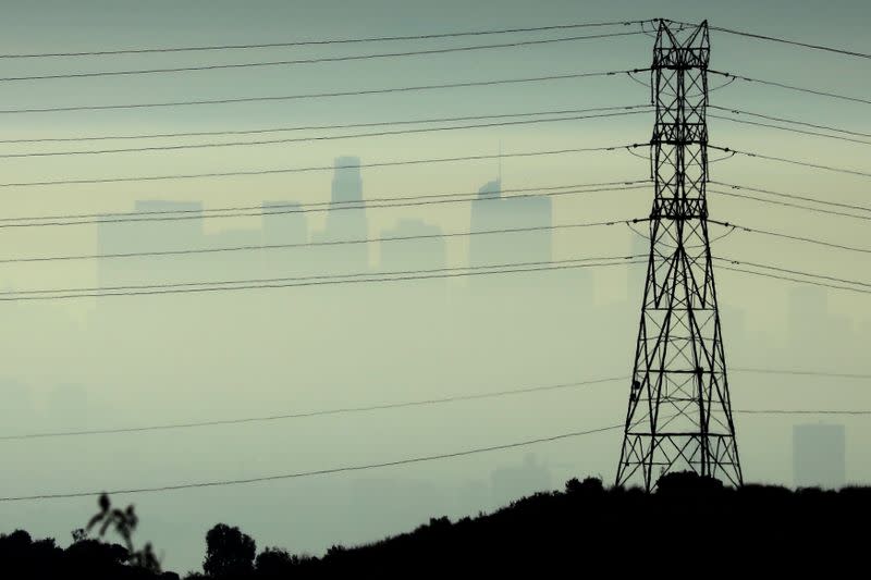 FILE PHOTO: Downtown Los Angeles is seen behind an electricity pylon through the morning marine layer in Los Angeles