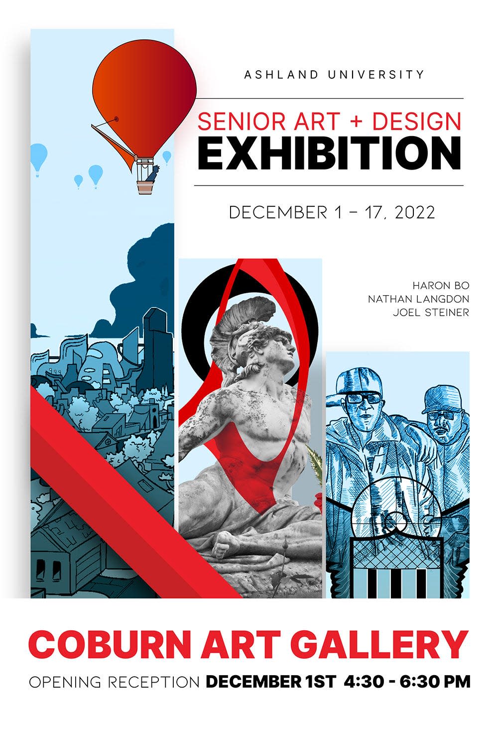 The Coburn Gallery at Ashland University will host a semester-closing Senior Art + Design Exhibition from Thursday-Dec. 17, featuring the capstone experience for graduating art and design students Nathan Langdon, Joel Steiner and Bo Haoran.