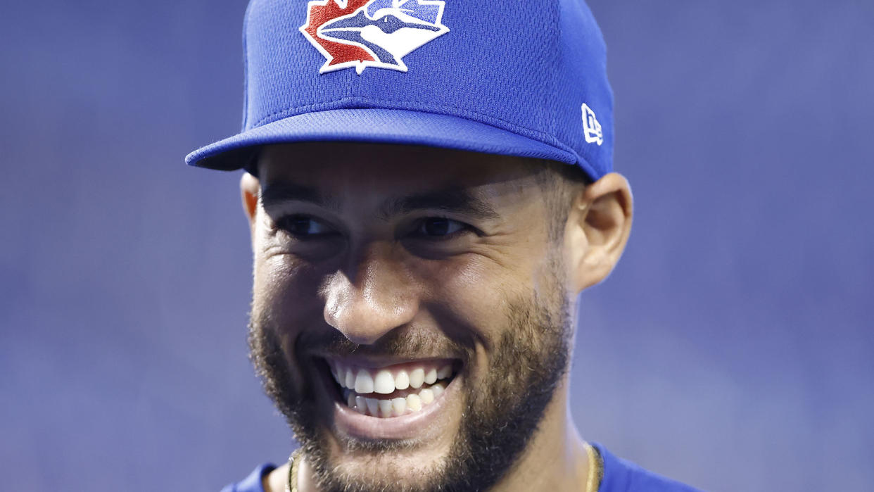 MIAMI, FLORIDA - JUNE 22: George Springer #4 of the Toronto Blue Jays looks on prior to the game against the Miami Marlins at loanDepot park on June 22, 2021 in Miami, Florida. (Photo by Michael Reaves/Getty Images)