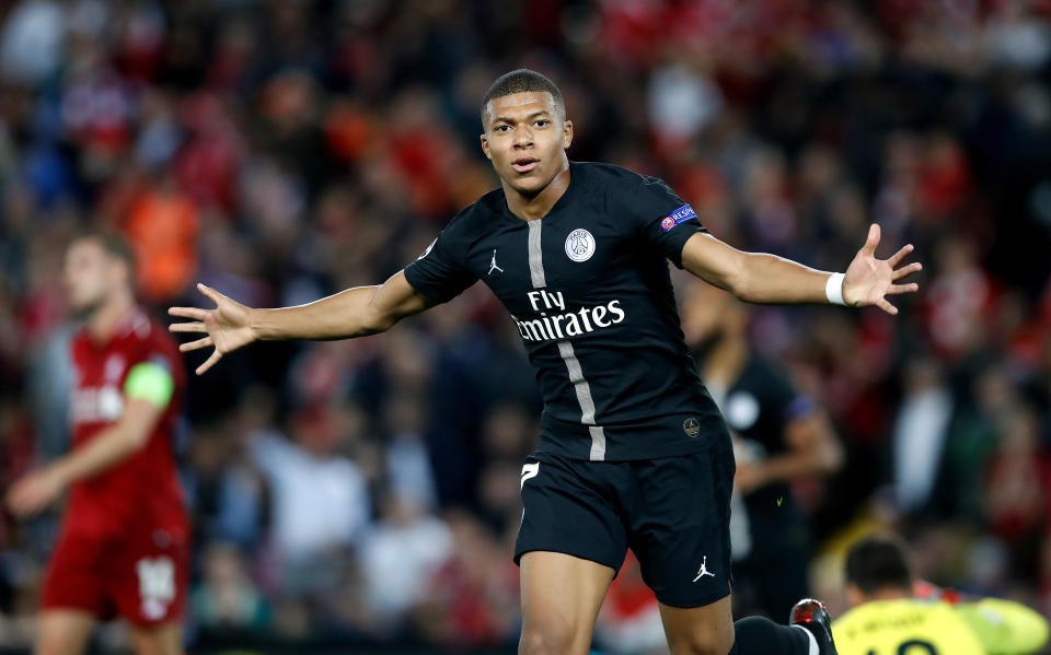 Paris Saint-Germain’s Kylian Mbappe celebrates scoring his side’s second goal of the game