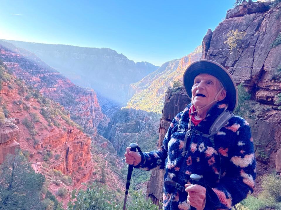 Alfredo Aliaga, 92, is pictured during his 24-mile rim-to-rim hike of the Grand Canyon on Oct. 14 and 15, 2023.