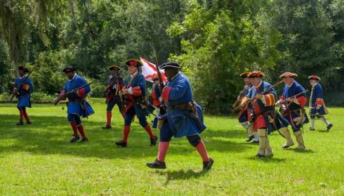 Reenactors restage the “Battle of Bloody Mose” at the Fort Mose Historic State Park in St. Augustine.