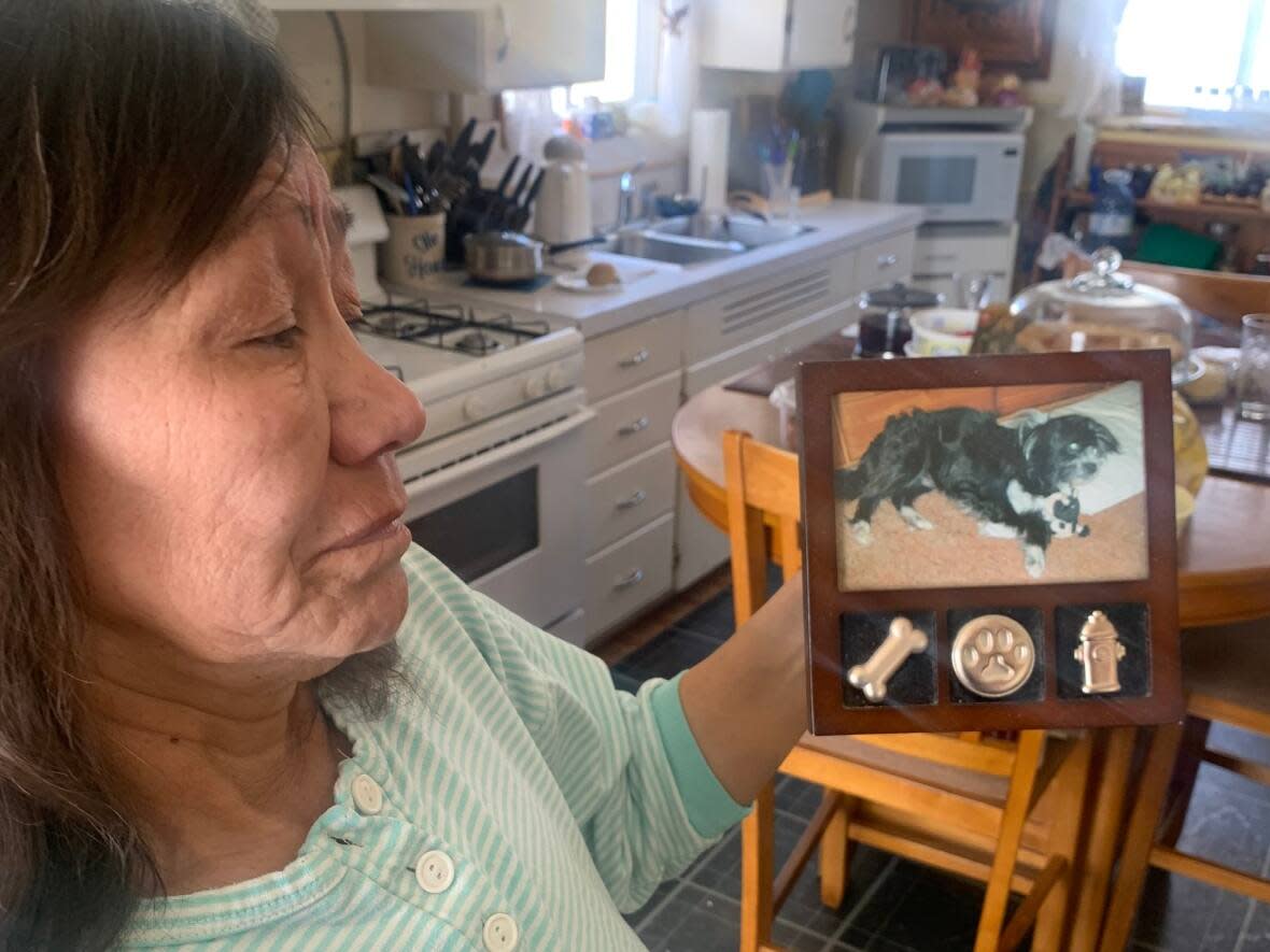 Linda Hanna holds up a picture of the late Boots, a 10-year shih tzu. Boots had to be put down earlier this month after a fatal dog attack in Fort Simpson, N.W.T. (Submitted by Sean Whelley - image credit)