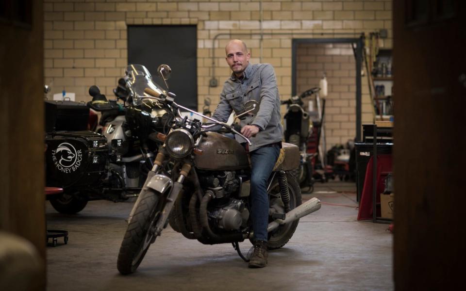 Tom Pulliam, 27, with his 1979 Susuki GS850 shaft drive at Hickory Union Moto - © Neville Elder 001.917.753.7529 - ALL RIGHTS RESERVED