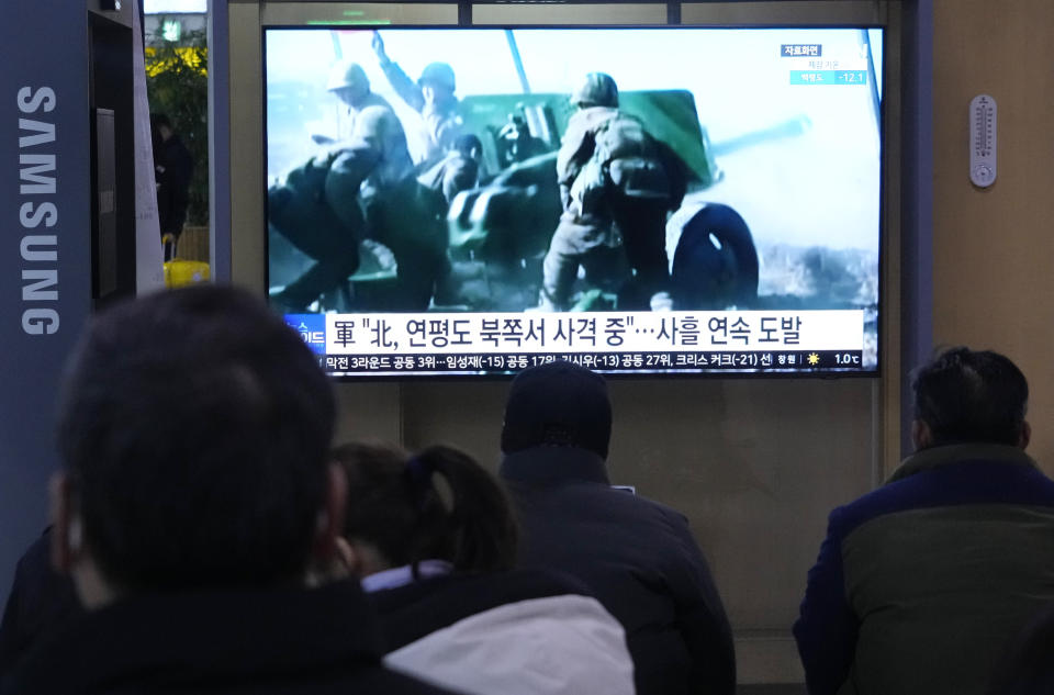 FILE - A TV screen shows a file image of North Korea's military exercise during a news program at the Seoul Railway Station in Seoul, South Korea, on Jan. 7, 2024. North Korea’s weekend test of new cruise missiles for submarine launches added to its provocative start to 2024, as leader Kim Jong Un flaunts his growing nuclear arsenal and threatens nuclear conflict with Washington, Seoul and Tokyo.(AP Photo/Ahn Young-joon, File)